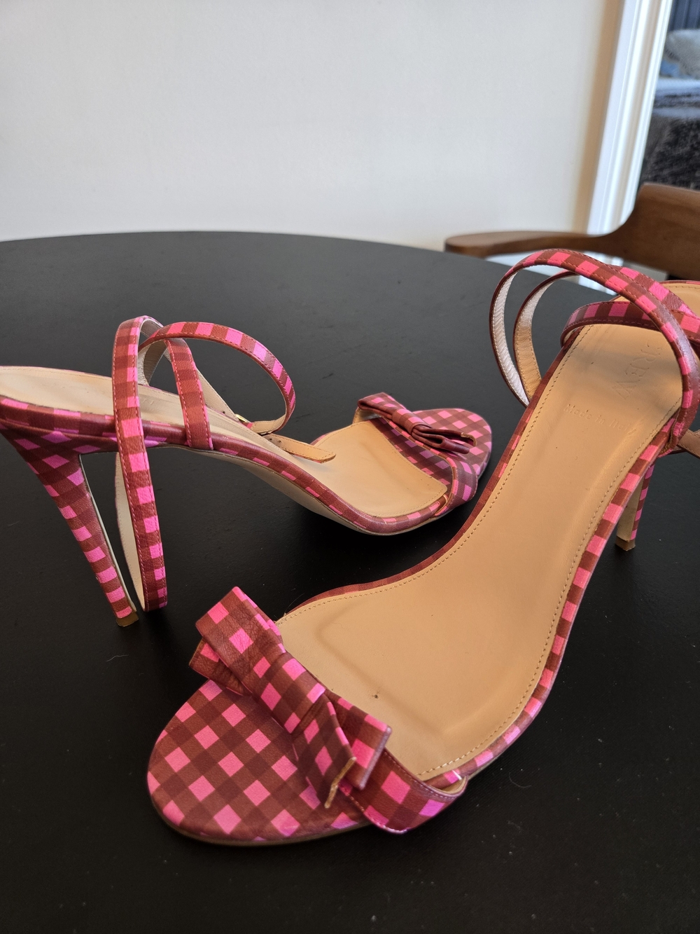 J.Crew Pink & Brown Gingham Leather Bow Sandals Heels Size 11